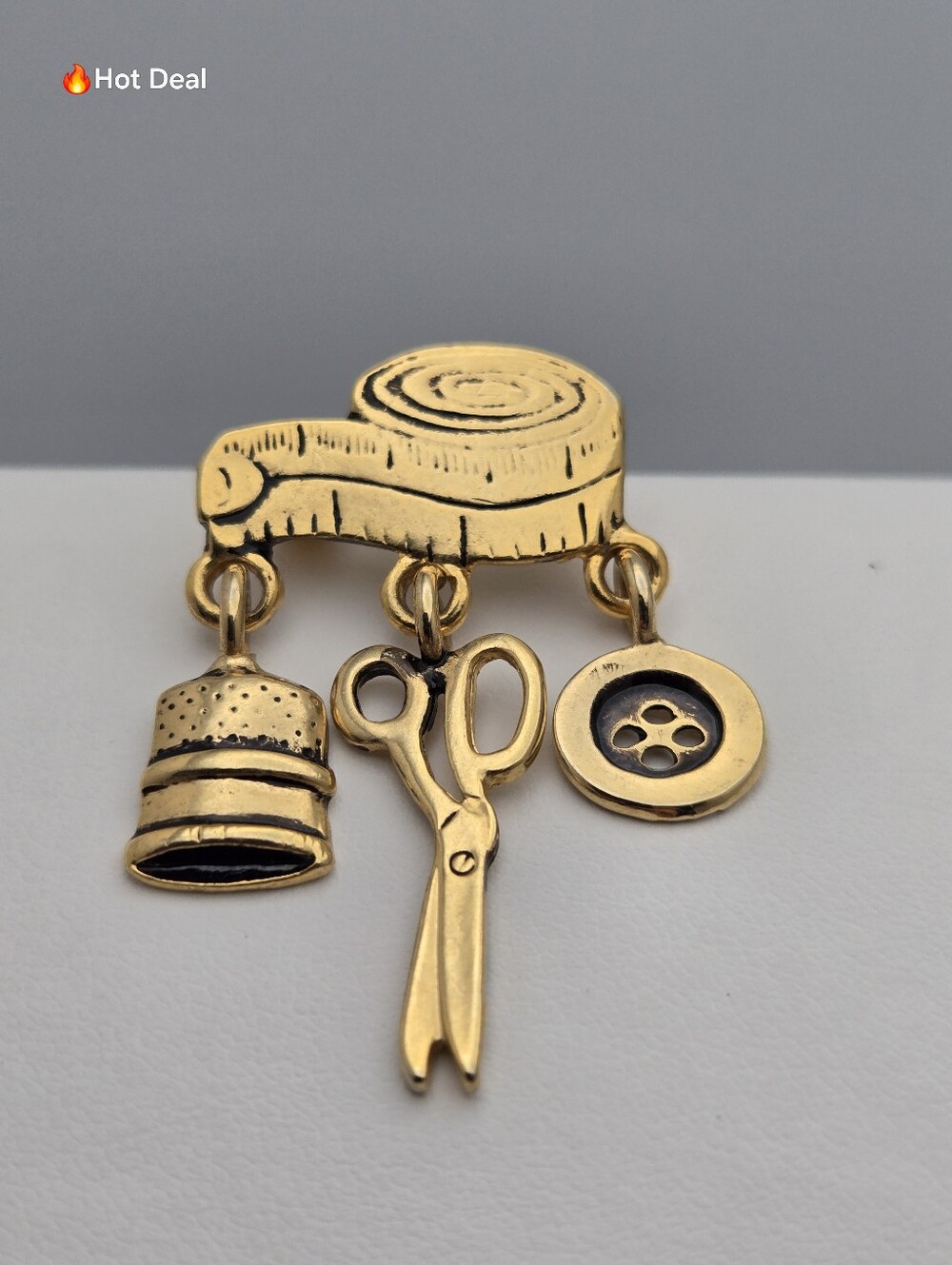Sewing Measuring Tape Brooch Scissors Thimble Button Pin 1.5" Vintage Gold Tone